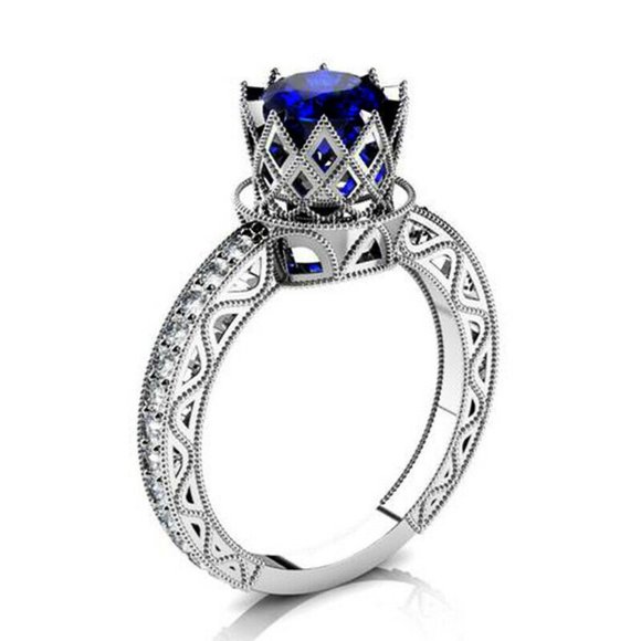 Jewelry - Gorgeous 925 Silver Crown Shape Blue Sapphire Ring